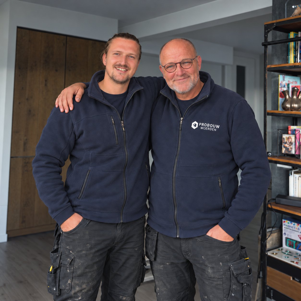 Twee medewerkers van ProBouwWoerden in de bedrijfskleding in een gerenoveerde woning